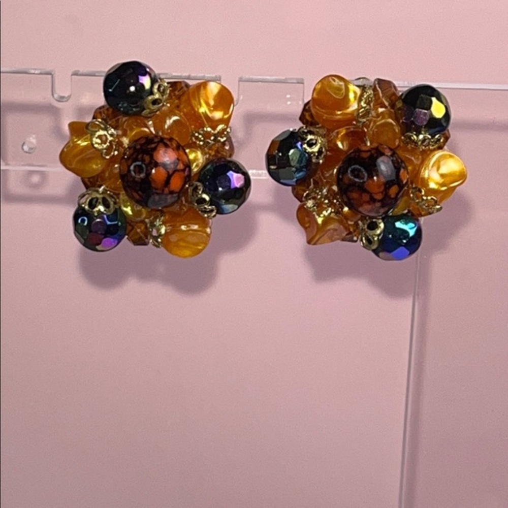 Vintage West Germany Orange and Purple  Cluster Clip Earrings
